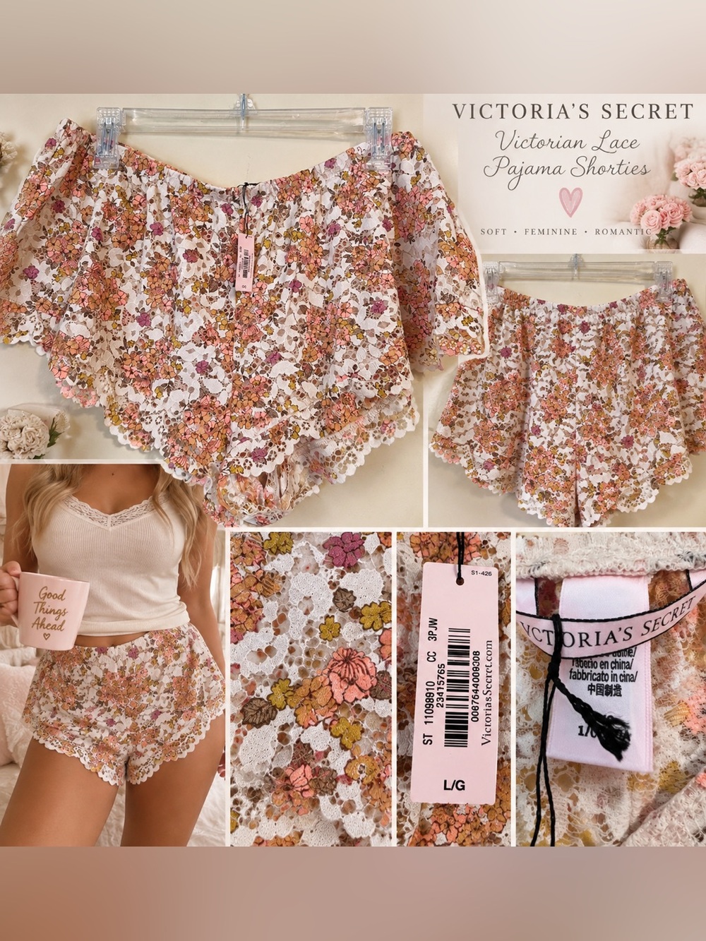 RARE! Y2K NWT SZ L Victoria's Secret Pink Floral Lace Sleep Shorts